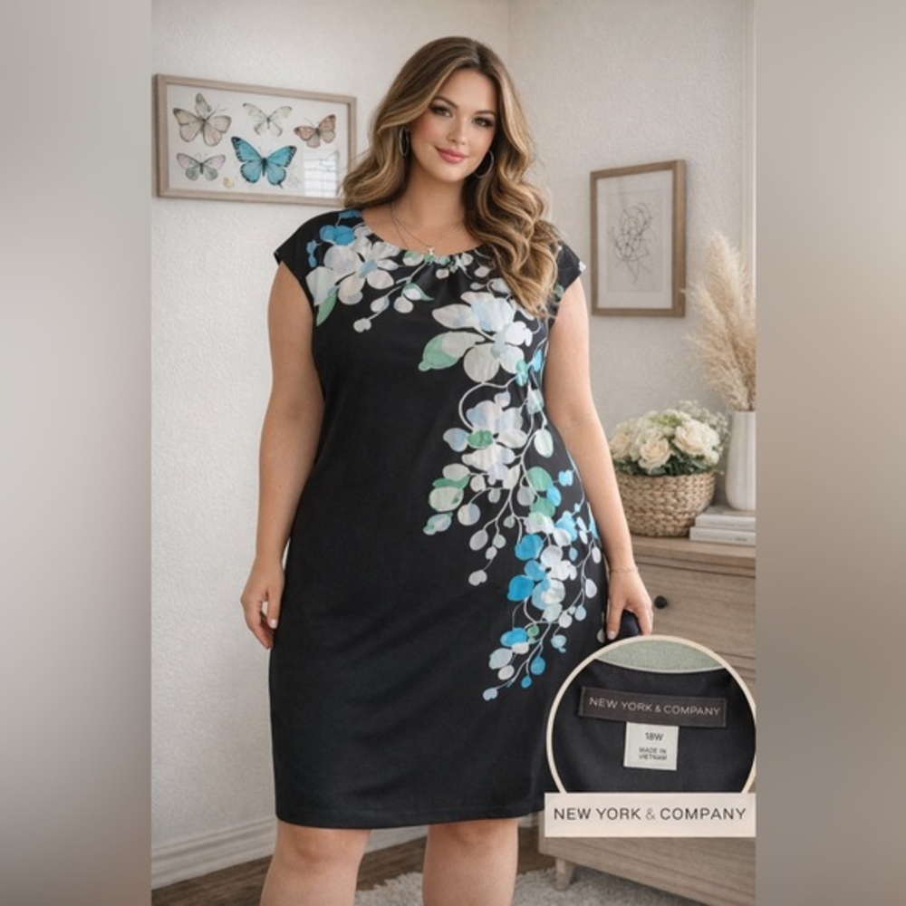 New York & Company Black Dress with Blue & Cream Accents